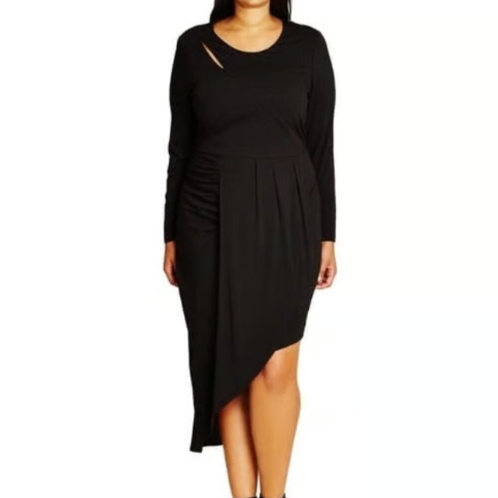 City Chic Black Long Sleeve Asymmetrical Cutout‎ Midi Dress Ruching Size L(20)